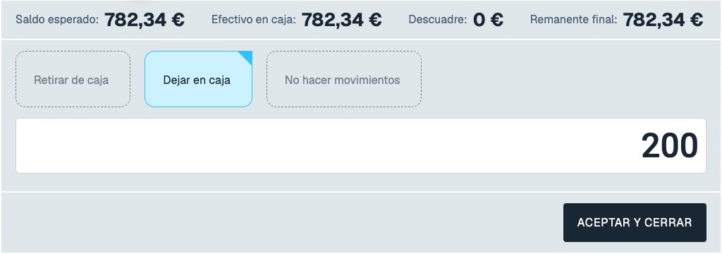 Cierre final con Dejar en caja seleccionado, importe 200 euros y botón ACEPTAR Y CERRAR