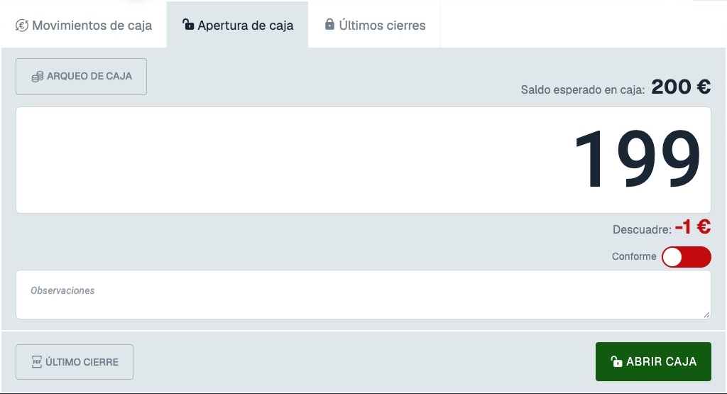 Formulario Apertura de caja con el campo de saldo real, saldo esperado y descuadre