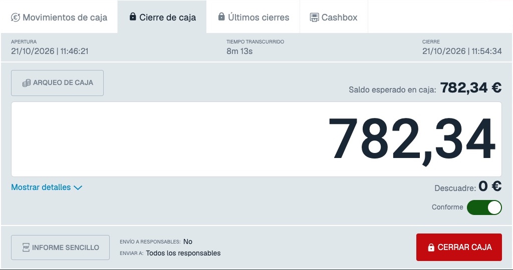Cierre de caja con campo de efectivo contado, saldo esperado y acceso a ARQUEO DE CAJA