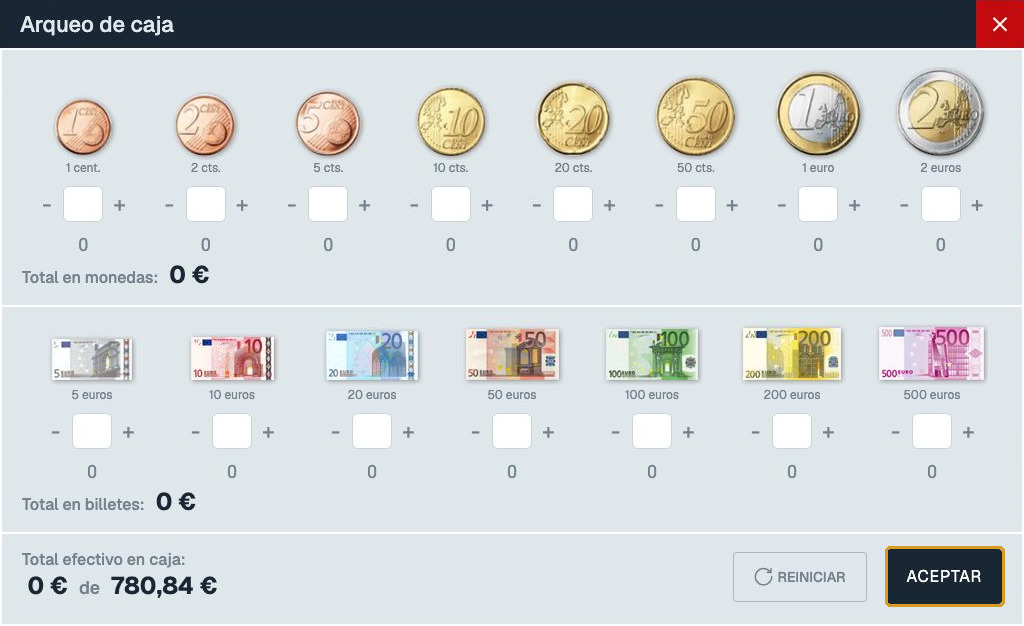 Arqueo de caja con monedas, billetes, total en efectivo y botón ACEPTAR