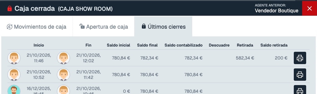 Últimos cierres con saldo final de 782,34 €, retirada de 582,34 € y 200 € restantes en caja