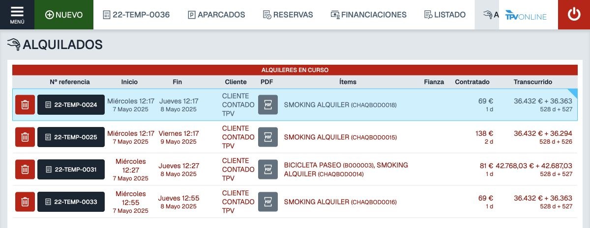 Pestaña ALQUILADOS del TPV con cuatro alquileres en curso y columnas de fechas, artículos, tiempo contratado y transcurrido