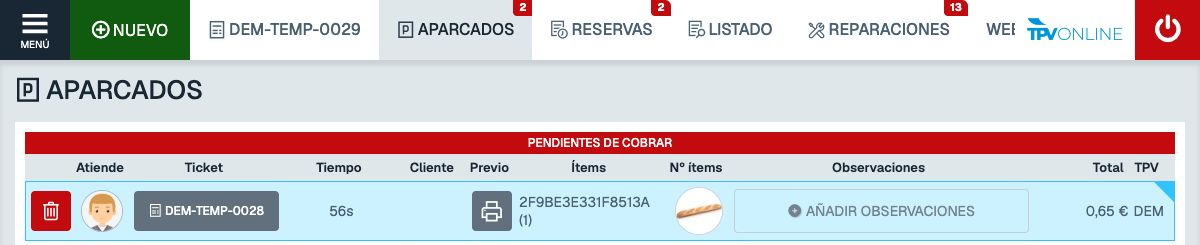 Pestaña APARCADOS y lista de pendientes de cobrar con el ticket DEM-TEMP-0028 por 0,65 euros