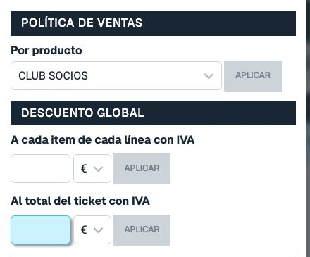 Panel Política de ventas con los campos de descuento global