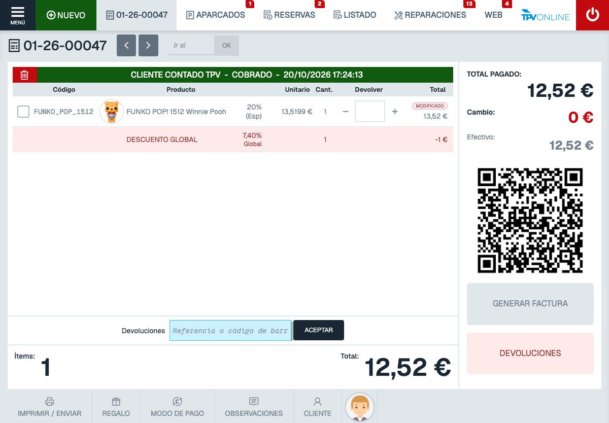 TPV completo con el ticket 01-26-00047 cobrado por 12,52 euros y ambos descuentos