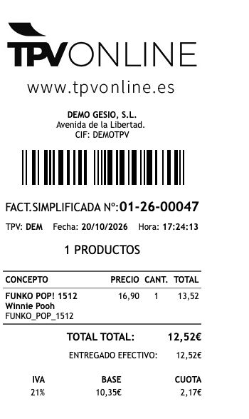 Comprobante completo del ticket 01-26-00047 con código de barras y total de 12,52 euros