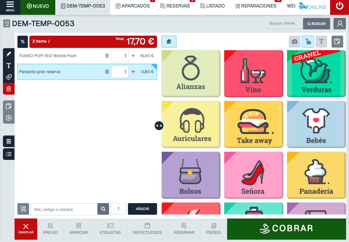 TPV completo con dos productos y total inicial de 17,70 euros