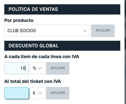Panel Política de ventas con 10 por ciento en A cada item de cada línea con IVA