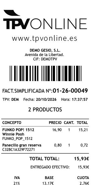 Comprobante completo del ticket 01-26-00049 con dos productos, código de barras y total de 15,93 euros