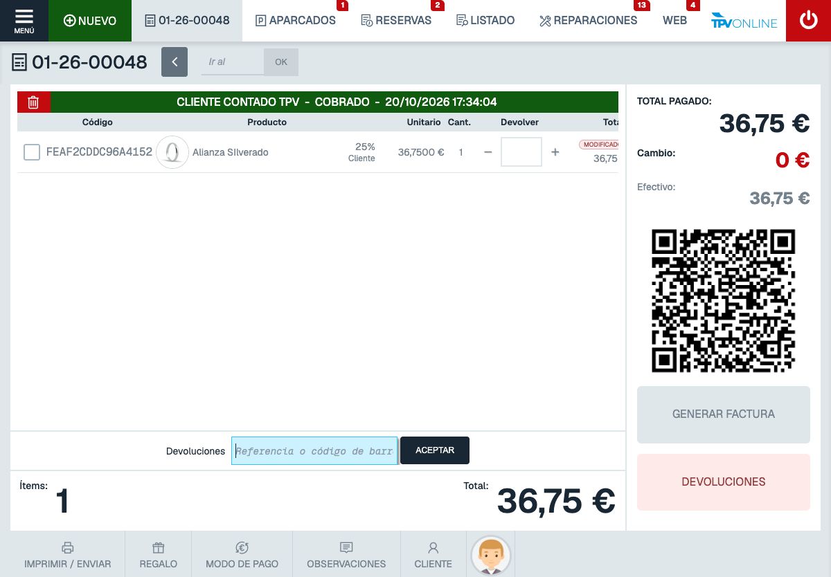 TPV completo con ticket 01-26-00048 cobrado y tarifa del 25 por ciento