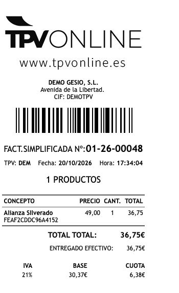 Comprobante completo del ticket 01-26-00048 con Alianza SIlverado, código de barras y total de 36,75 euros