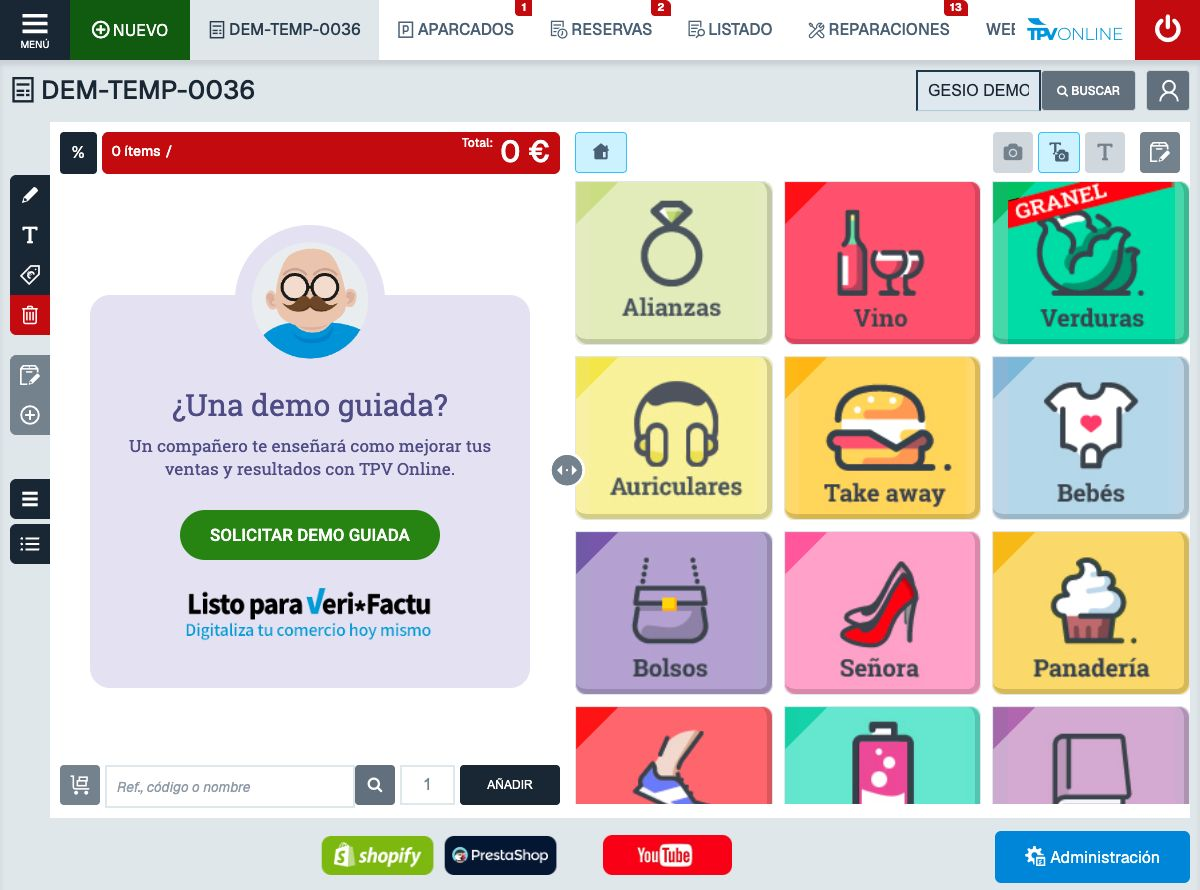 Vista completa del TPV con NUEVO arriba a la izquierda y Buscar cliente arriba a la derecha