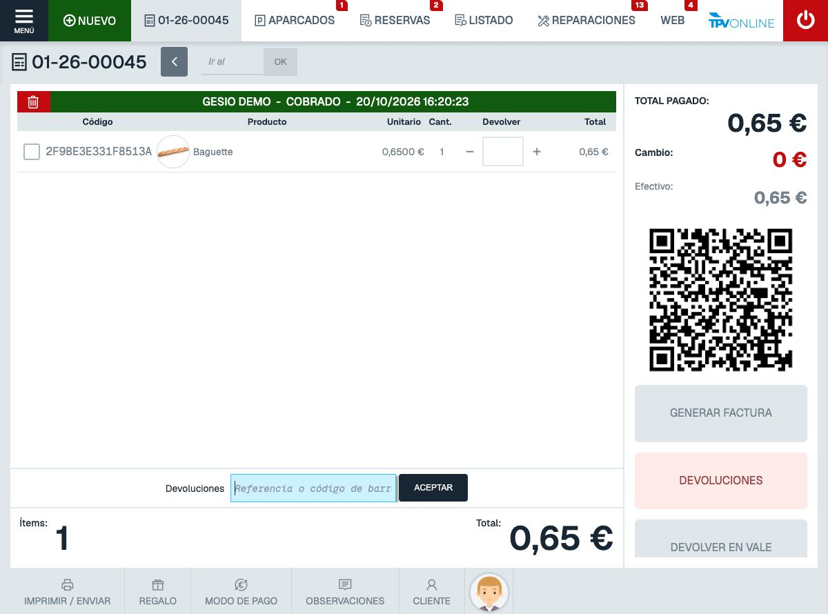 Vista completa del TPV con el ticket 01-26-00045 cobrado para GESIO DEMO, Baguette y total de 0,65 euros