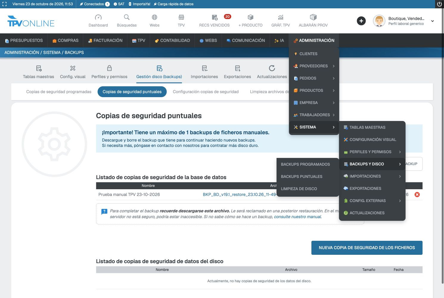 Vista general de GESIO con Administración, Sistema y Backups y disco desplegados; se ven Backups puntuales y Limpieza de disco