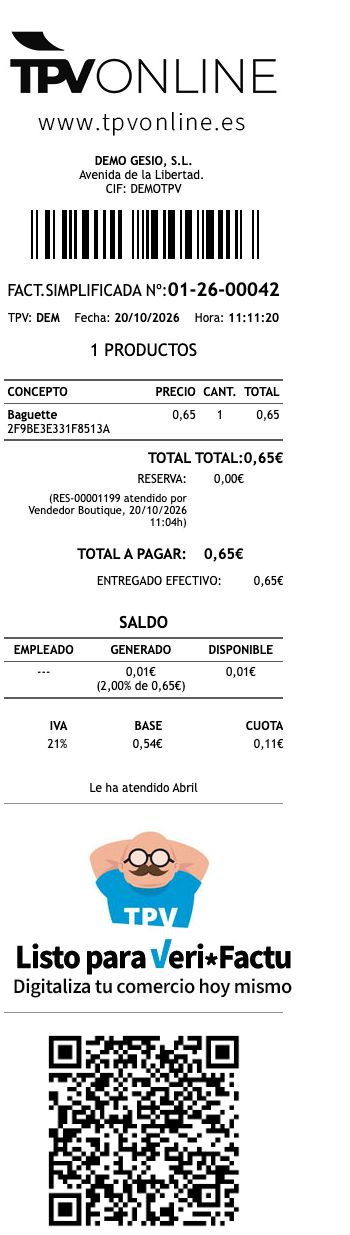 Comprobante completo 01-26-00042 de la reserva RES-00001199: Baguette, 0,65 euros en efectivo, código de barras y QR completos