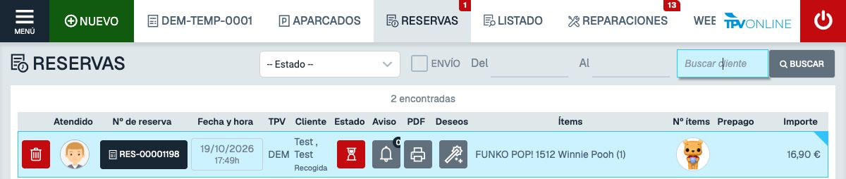 Listado RESERVAS con el número de reserva, el cliente, el artículo y el importe