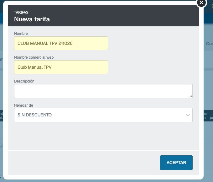 Formulario de nueva tarifa con Nombre, Nombre comercial web y Heredar de SIN DESCUENTO