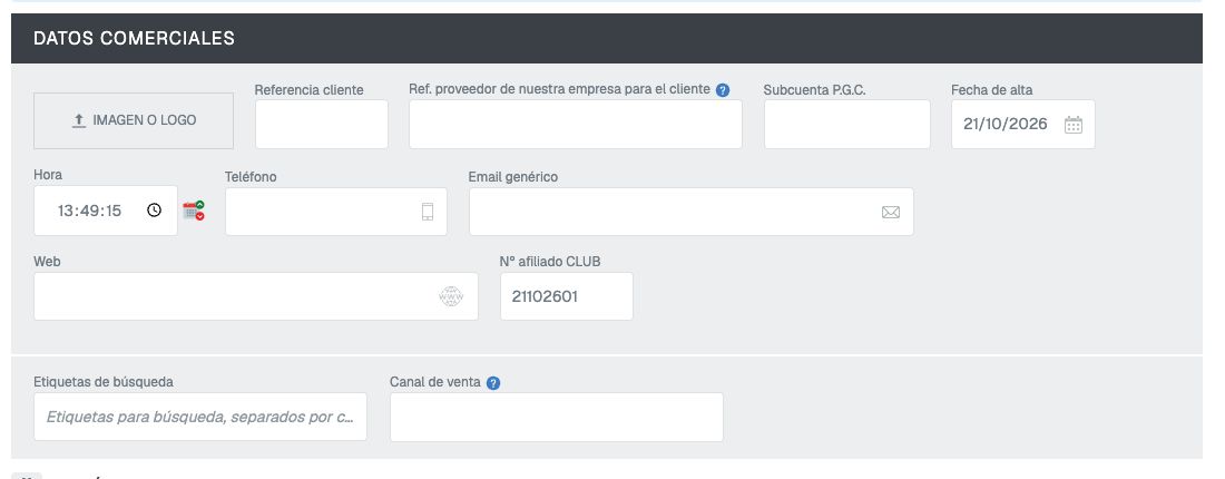 Ficha de cliente con el campo Nº afiliado CLUB cumplimentado