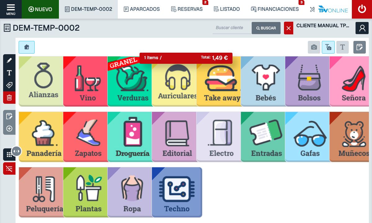 Pantalla completa del TPV con el cliente de ejemplo seleccionado y un producto en el ticket por 1,49 euros