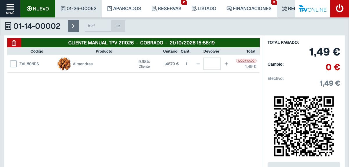 Ticket cobrado del cliente de ejemplo con Almendras, descuento 9,98 por ciento Cliente, total 1,49 euros y código QR completo
