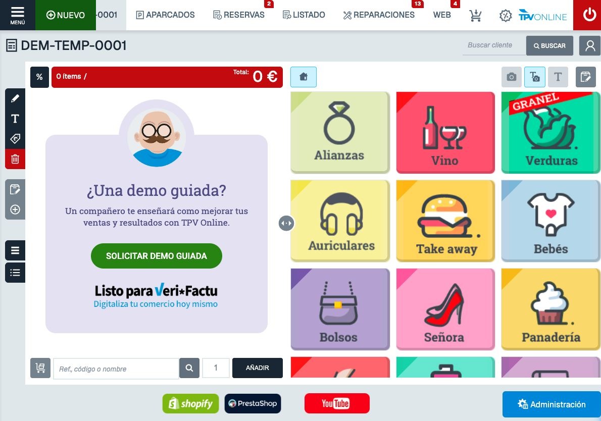 Pantalla completa del TPV con recuadro y cursor sobre el icono de persona a la derecha de BUSCAR