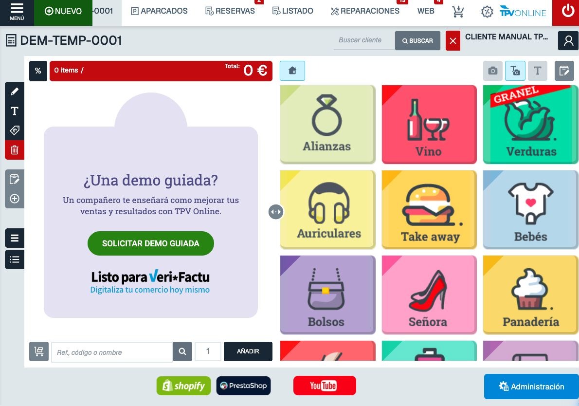 Pantalla completa del TPV con el cliente ficticio recién creado seleccionado en un ticket temporal sin productos