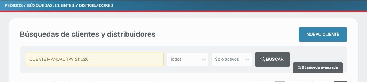Pantalla Búsquedas de clientes y distribuidores con el botón NUEVO CLIENTE a la derecha