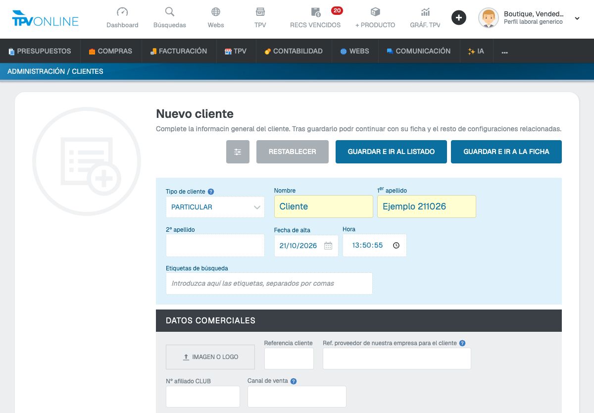 Formulario Nuevo cliente de Administración con Tipo de cliente PARTICULAR, Nombre, primer apellido y botones de guardado