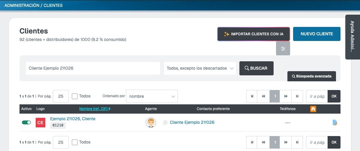 Listado de Clientes filtrado con una única ficha ficticia creada desde Administración