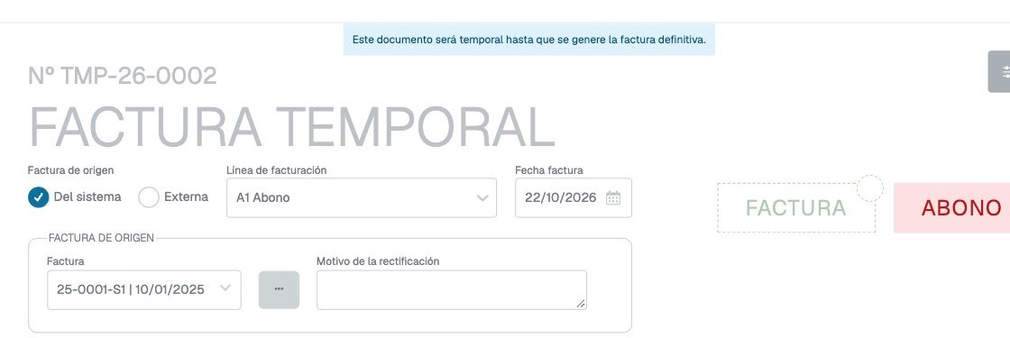 Factura temporal de tipo Abono vinculada a la factura de origen