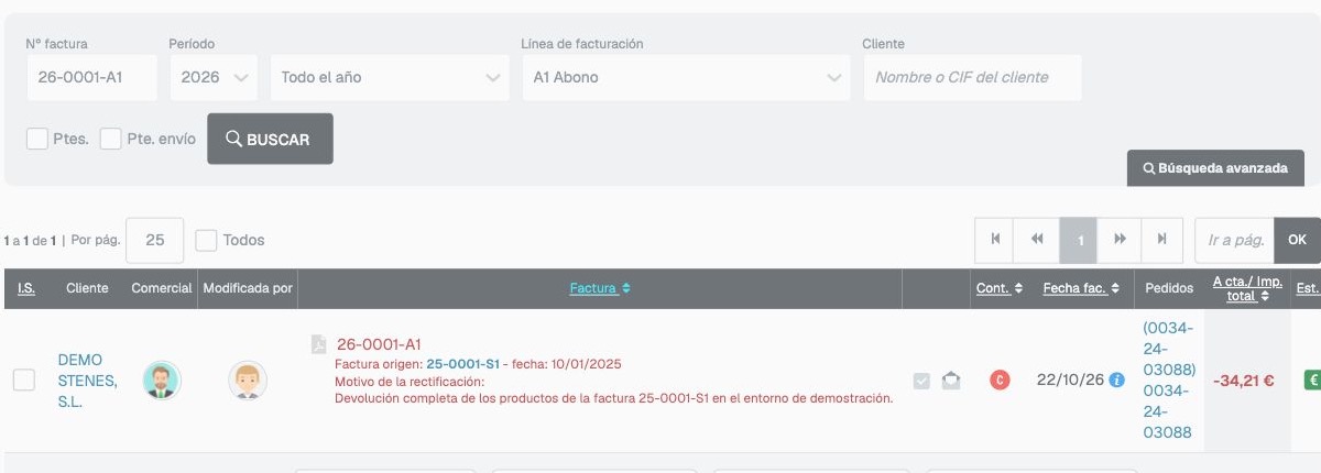 Listado con abono definitivo y referencia a la factura de origen
