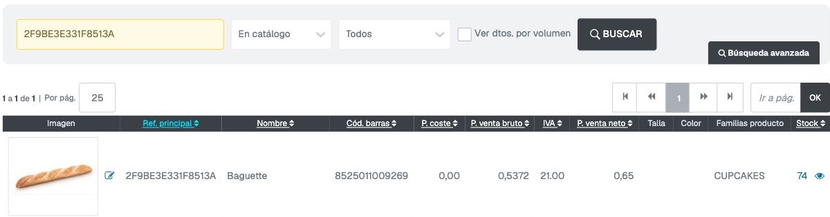 Catálogo de productos con la referencia Baguette y su stock actualizado a 74