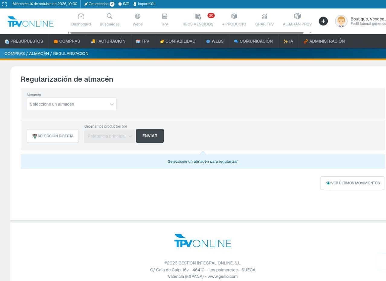 Pantalla de regularización de almacén en Compras, con el selector de almacén y el botón Enviar