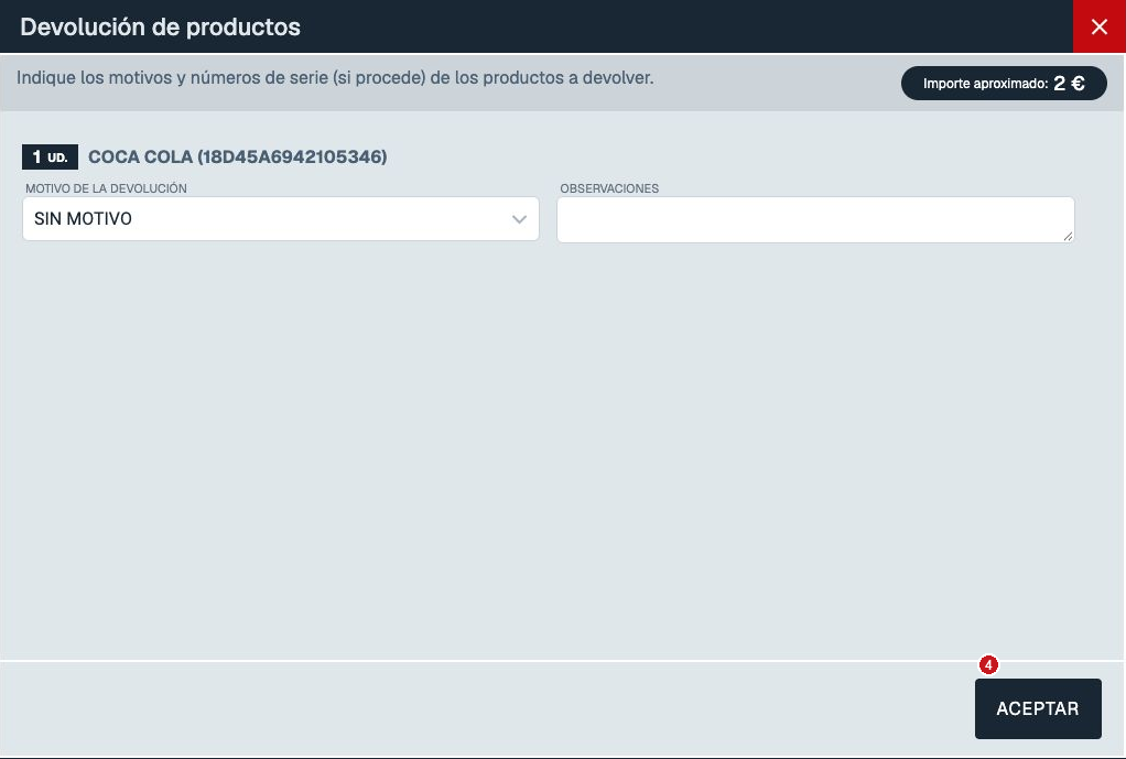 Ventana Devolución de productos con el motivo SIN MOTIVO seleccionado y el botón ACEPTAR