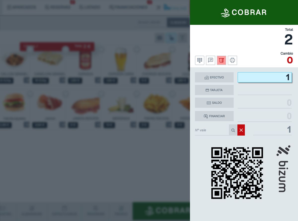 Cobro de un ticket de 2 euros con 1 euro en efectivo y 1 euro en vale