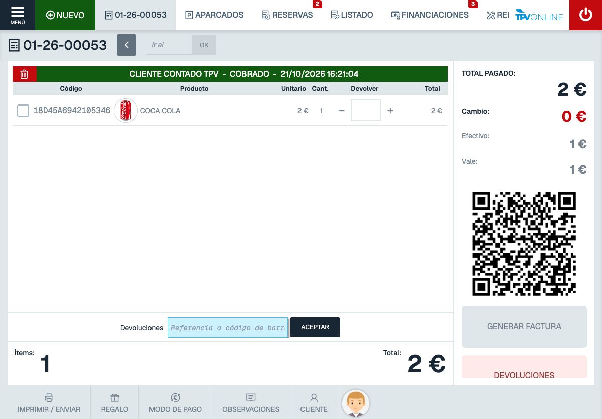 Ticket completo 01-26-00053 cobrado con 1 euro de efectivo y 1 euro de vale, con código QR completo