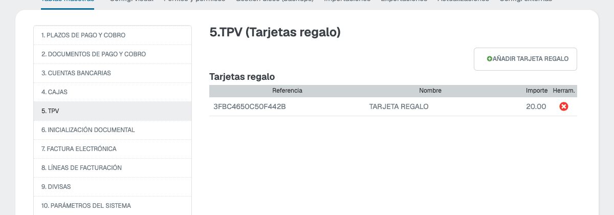 Configuración de tarjetas regalo con el producto TARJETA REGALO de 20 euros y AÑADIR TARJETA REGALO
