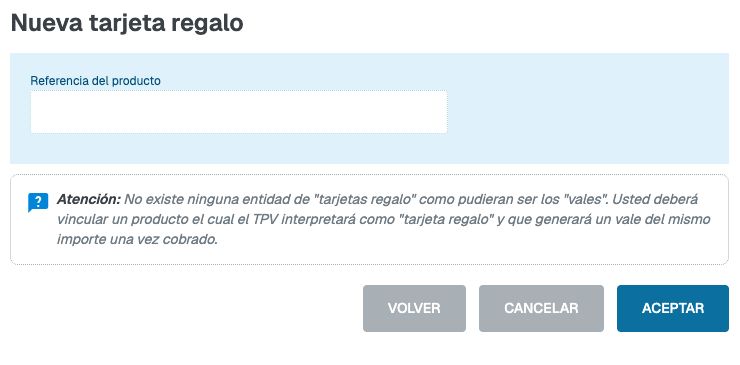 Formulario Nueva tarjeta regalo con Referencia del producto y aviso sobre la generación de un vale