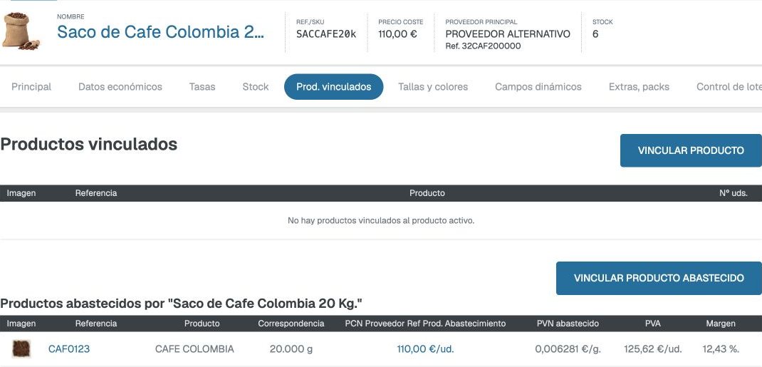 Saco de café de 20 kg vinculado al producto CAFE COLOMBIA con correspondencia de 20000 g