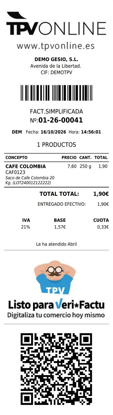 Ticket completo 01-26-00041 de CAFE COLOMBIA: 250 g, total 1,90 euros, pago en efectivo y código QR