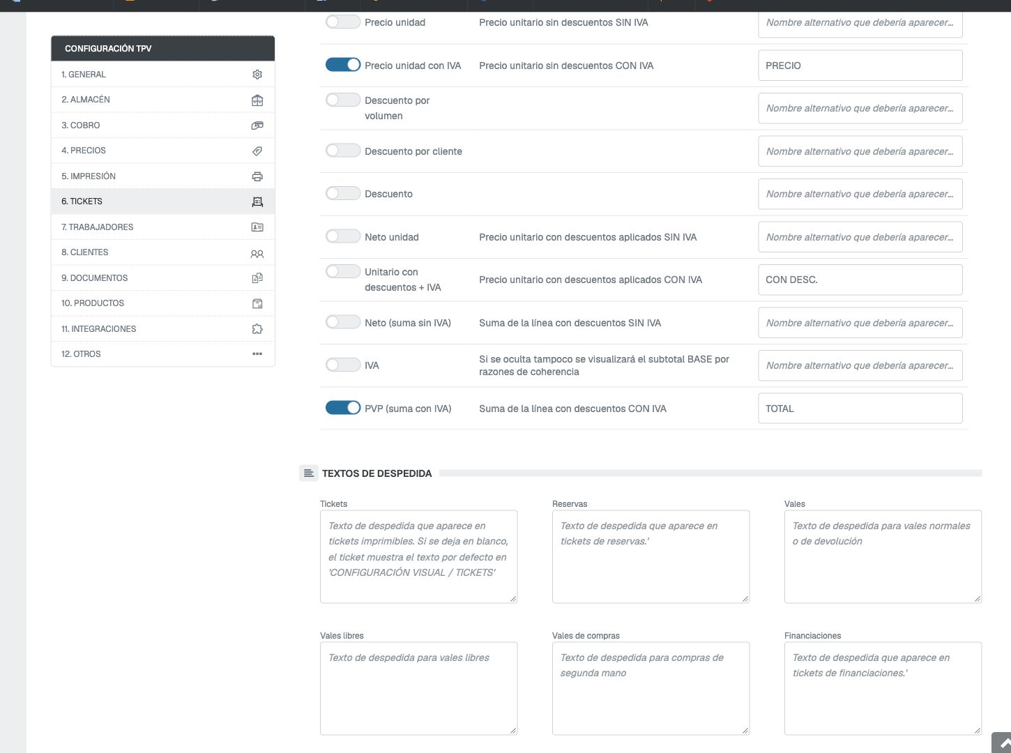 Configuración de columnas personalizada de un TPV, con la fila IVA y sus campos de nombre alternativo