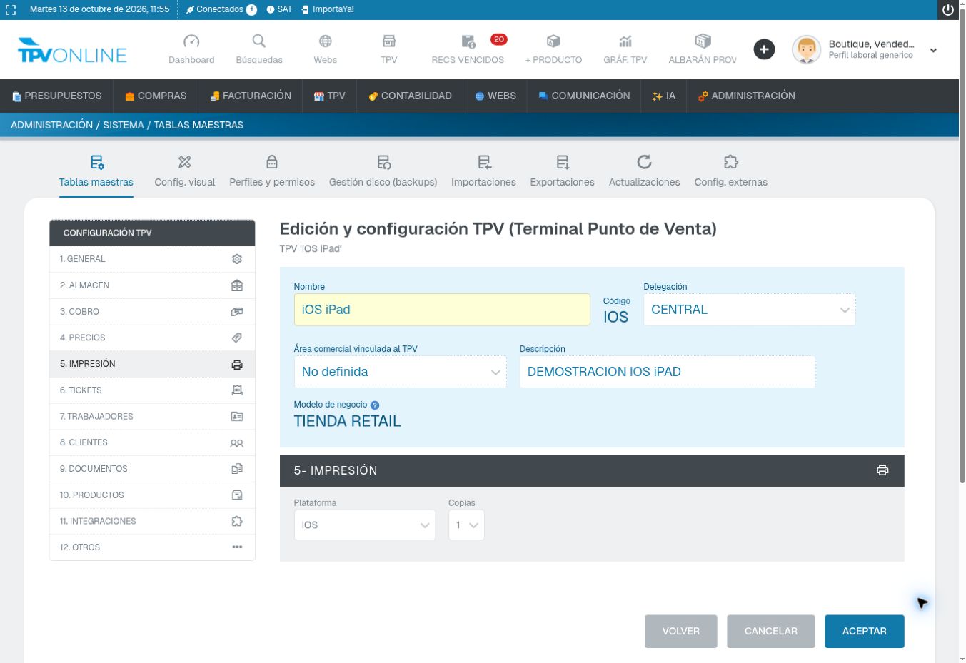 Captura real de la ficha del terminal iOS iPad: sección 5- IMPRESIÓN con el campo Plataforma en IOS