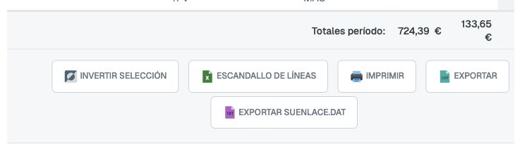 Totales del período y opciones de exportación del informe de facturas simplificadas