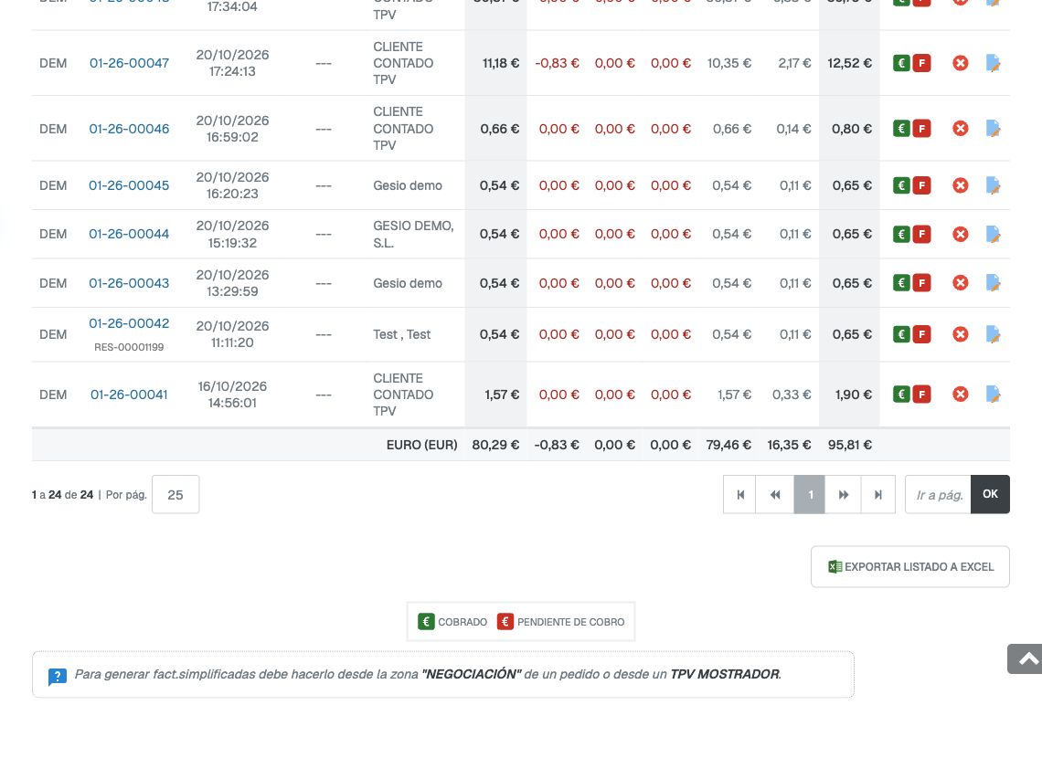 Pie del listado de tickets con el botón Exportar listado a Excel