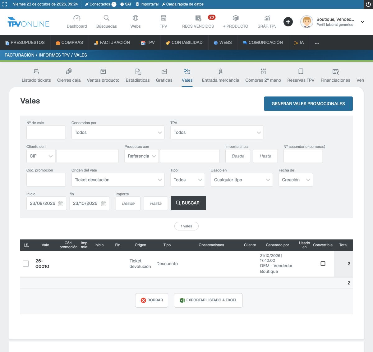 Filtro Origen del vale en Ticket devolución y botón Buscar, con un vale encontrado