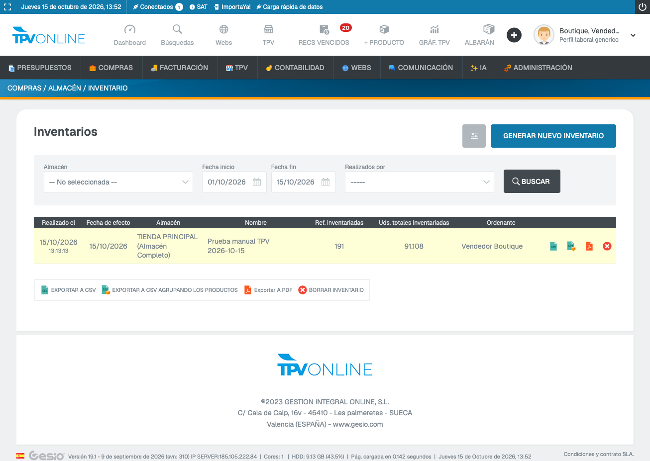 Listado de inventarios, con filtros y botón Generar nuevo inventario