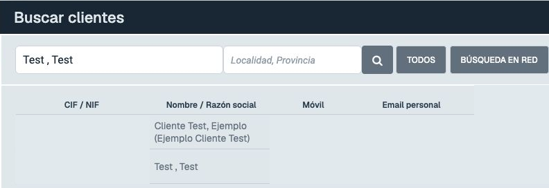 Ventana Buscar clientes con el nombre buscado y dos clientes de demostración