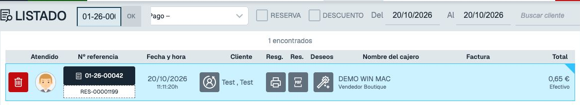 Pestaña LISTADO con el campo Ir al y un ticket de demostración en la tabla