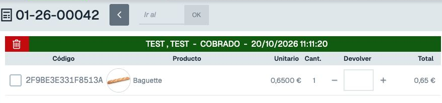 Ticket 01-26-00042 abierto con estado COBRADO y producto Baguette
