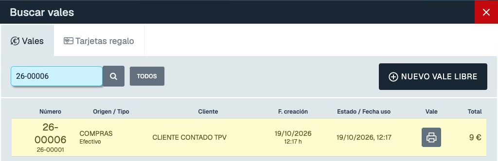 Ventana Buscar vales con el número 26-00006 y un único resultado de demostración